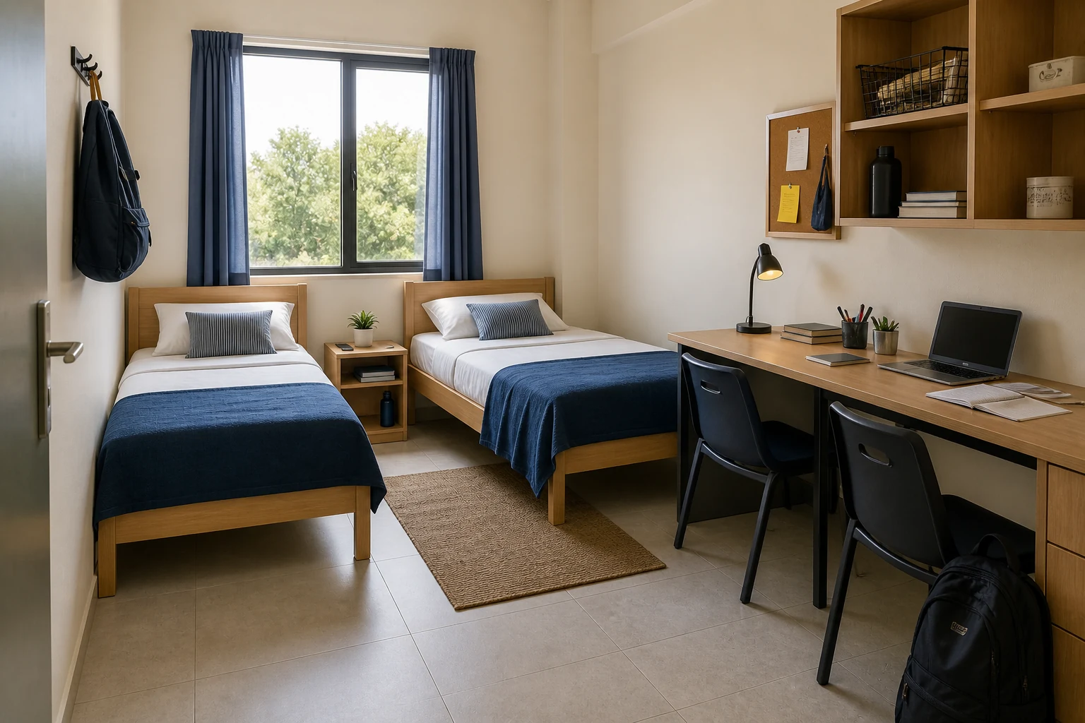Bright executive hostel room with two beds and a study desk